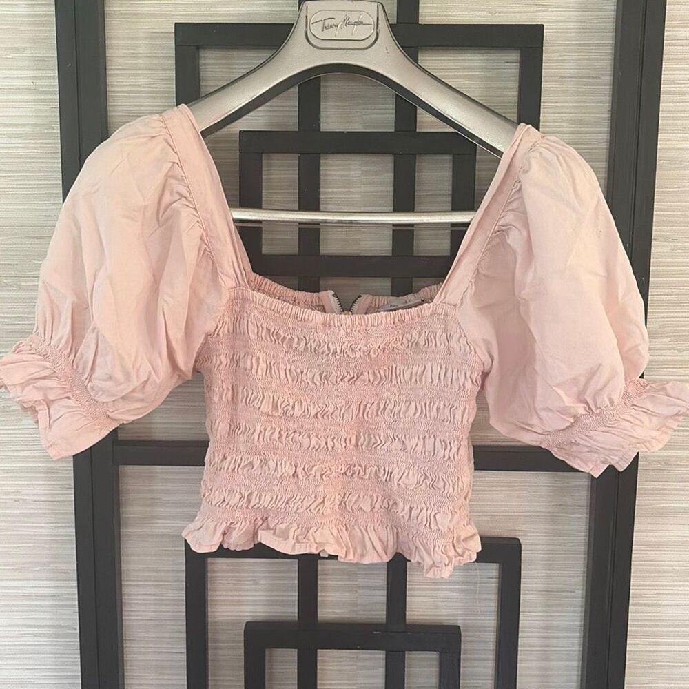 Rue Stiic blush pink shirred light cotton blousy sleeve top m
